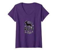 It's A Ruff Life Dog Lover Paw Print Sticker V-Neck T-Shirt, Women, Purple, S