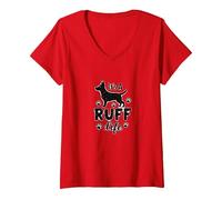 It's A Ruff Life Dog Lover Paw Print Sticker V-Neck T-Shirt, Women, Red, M
