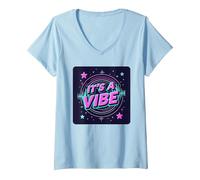 It's A Vibe Retro Neon Space Party V-Neck T-Shirt, Women, Baby Blue, S
