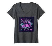 It's A Vibe Retro Neon Space Party V-Neck T-Shirt, Women, Dark Heather Grey, L