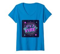 It's A Vibe Retro Neon Space Party V-Neck T-Shirt, Women, Sapphire, L