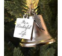 It's a Wonderful Life Inspired Christmas Angel Bell Ornament with Stainless Steel Angel Wing Charm. New Larger Size and Now Comes with 2 Interchangeable Ribbons.