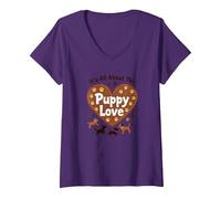 It's All About The Puppy Love - Adorable Dog Lover V-Neck T-Shirt, Women, Purple, S