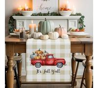 It's Fall Y'all Words Table Runner 72 Inches Long, Red Truck Pumpkin on Plaid Washable Table Runners Heat-Insulation Kitchen Dining Table Decorations for Home Party Decor 13x72in