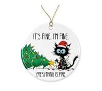 It's Fine I'm Fine Everything is Fine Ornament - Funny Black Cat Ceramic Christmas Tree Decoration - Holiday Ornament - Gift for Cat Lovers Printed on Both Sides
