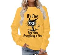 It's Fine I'm Fine Everything Is Fine Sweatshirt Womens Funny Black Cat Graphic Gift Casual Pullover Tops #02
