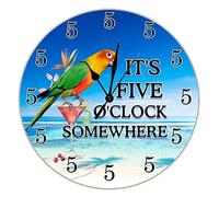 It's Five O'clock Somewhere Clock Beach Life Round Wooden Wall Clock Non-Ticking Battery Operated 12 inch Rustic Farmhouse Wall Clock Decoration For Kitchen Home Bathroom Living Room Hotel