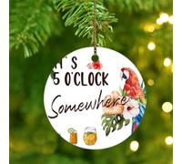 It's Five O'clock Somewhere' Hanging Ornaments Tropical Flamingo Hawaiian Aloha Round Christmas Tree Ornament Ceramic Double Sided Round Summer Tropical Luau Parrot Christmas Keepsake Tree Decorations
