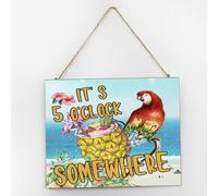 It's Five O'clock Somewhere Modern Wall Décor Wood Signs 10x12 Inch Macaw Summer Flamingo Antique Wall Art Wood Plaque with Sayings Home Decor for Living Room Office