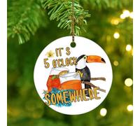 It's Five O'clock Somewhere' Ornament Keepsake Summer Tropical Luau Parrot Round Christmas Tree Ornament Ceramic Elegant Beach Vacation Drinking Parrot Christmas Keepsake for Xmas Tree Decoration