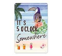 It's Five O'clock Somewhere Tin Plaque Beach Coconut Palm Parrot Metal Plaque Abstract Sweet Summertime Watercolor Painting Print Signag Tin Poster for Fireplace Living Room Back Patio Cafe 12x8in