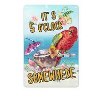 It's Five O'clock Somewhere Tin Plaque Beach Coconut Palm Parrot Metal Plaque Summer Garden Decor Nostalgia Poster Quality Aluminum Sign Graduation Gift for Friends Family Colleagues Neighbors 12x8in