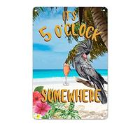 It's Five O'clock Somewhere Tin Plaque Beach Coconut Palm Parrot Metal Plaque Summer Wall Art Nostalgia Poster Quality Aluminum Sign Thanksgiving Day Gift for Friends Family Neighbors 12x8in