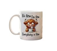 It's, I'm, Everything is Highland Cow Ceramic Mug - Funny 11oz White Coffee Cup, Humorous Office Home Gift for Cow Lovers, Microwave Dishwasher Safe