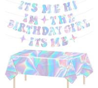 Its Me Hi Im The Birthday Girl Its Me Banner, Glitter Iridescent Birthday Party Decorations Banner With Table Cloth, Holographic Foil Tablecloth, Its A Girl Garland for Party Decorations