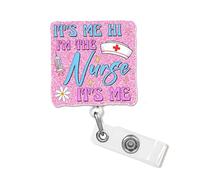 It's Me Hi I'm The Nurse It's Me Funny Badge Reel with Pink Glitter, Cute Quote Humor Retractable ID Clip Holder Gift for Office Nurse, Doctors, Nursing Student, RN, LPN, CNA, Worker