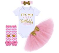 It's My 1/2 / 1st / 2nd Birthday Outfit Baby Girls Romper + Ruffle Tulle Skirt + Sequins Bow Headband + Leg Warmers Socks Party Dress up Costume 4Pcs Photo Cake Smash Clothe Set Pink 6 Months