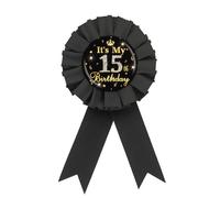 It's My 15th Birthday Tinplate Badge Pin, Gold Diamond Happy 15th Birthday Button Pin, Fifteen Birthday Black Rosette Award Ribbon Pin for Girl, Brooch Buttons for 15 Years Old Birthday Party
