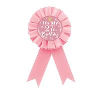 It's My 27th Birthday Tinplate Badge Pin, Crown Happy 27th Birthday Button Pin, Twenty Seven Birthday Pink Rosette Award Ribbon Pin for Women, Brooch Buttons for 27 Years Old Birthday Party Decoration