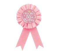 It's My 55th Birthday Tinplate Badge Pin, Crown Happy 55th Birthday Button Pin, Fifty Five Birthday Pink Rosette Award Ribbon Pin for Women, Brooch Buttons for 55 Years Old Birthday Party Decoration,