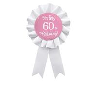 It's My 60th Birthday Badge Button Pin, Happy 60th Birthday Girls White Corsage Award Ribbon Party Decorations Supplies - Pink Pattern