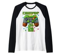 It's My 6th Birthday Boy Gamer Creepin’ Into 6 Gamer Pixel Raglan Baseball Tee