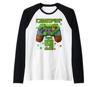 It's My 9th Birthday Boy Gamer Creepin’ Into 9 Gamer Pixel Raglan Baseball Tee