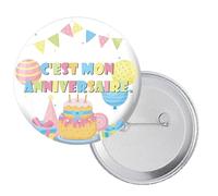 It's My Birthday Buttons 2.3'' Round Birthday Badge Pin Happy Birthday Brooches Badge for Boys Girls Gifts Party Decorations Supplies 4pcs (Color1, French)