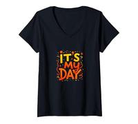 Its My Day Celebration Typography Art, Birthday Girl V-Neck T-Shirt, Women, Black, S