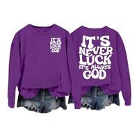 It's Never Luck It's God Based Inspirational Sweatshirt Distressed Sweatshirt (Purple, M)