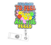 It's Okay to Feel All The Feels Badge Reel, Retractable ID Holder with Alligator Clip, Glitter Design, 360° Rotation