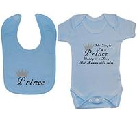 It's Simple I'm A Prince Daddy is A King But Mummy Still Rules Baby Bodysuit/Romper/T-Shirt with Prince Feeding Bib Set - 3-6 Months - Blue
