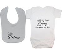 It's Simple I'm A Prince Daddy is A King But Mummy Still Rules Baby Bodysuit/Romper/T-Shirt with Prince Feeding Bib Set - 0-3 Months - White