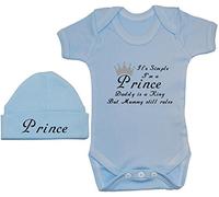 It's Simple I'm A Prince Daddy is A King But Mummy Still Rules Baby Bodysuit/Romper/T-Shirt with Prince Beanie Hat/Cap Set - 0-3 Months - Blue