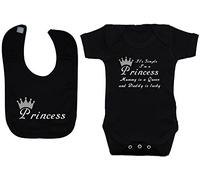 It's Simple I'm A Princess Mummy is A Queen & Daddy is Lucky Baby Bodysuit/Romper/T-Shirt with Princess Feeding Bib Set - 6-12 Months - Black