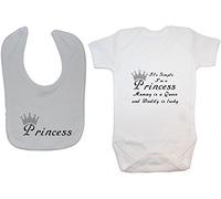 It's Simple I'm A Princess Mummy is A Queen & Daddy is Lucky Baby Bodysuit/Romper/T-Shirt with Princess Feeding Bib Set - 3-6 Months - White