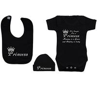 It's Simple I'm A Princess Mummy is A Queen & Daddy is Lucky Baby Bodysuit/Romper/T-Shirt with Princess Feeding Bib & Hat/Cap Set - 0-3 Months - Black