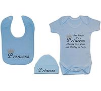It's Simple I'm A Princess Mummy is A Queen & Daddy is Lucky Baby Bodysuit/Romper/T-Shirt with Princess Feeding Bib & Hat/Cap Set - 3-6 Months - Blue