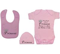 It's Simple I'm A Princess Mummy is A Queen & Daddy is Lucky Baby Bodysuit/Romper/T-Shirt with Princess Feeding Bib & Hat/Cap Set - 6-12 Months - Pink
