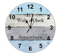 It's Wine O'clock Somewhere Clock Blue Grey Wood Grain Round Wooden Wall Clock 10 inch Non-Ticking Quartz Battery Red Wine Fruit Farmhouse Wood Clock Home Decor For Home Kitchen Living Room