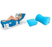 ITSA Beach Comfort Bundle - Terry Towelling Lightweight Beach Towel with Pockets & Handles | 100% Cotton (Light Blue) + Towel Trapper Inflatable Beach & Travel Pillow(Caribbean Turquoise)