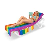 ITSA Velour Beach Towel with Pockets & Handles | 100% Cotton Foldable Sun Lounger Cover | Carry Bag | Secure Storage Beach Towel | Beach Bag (Rainbow)