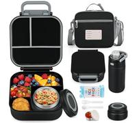 Itslife Kids Lunch Box Set | 4 Compartments Leakproof Bento Container for School, 7 oz Soup Thermos, 12 oz Water Bottle, Insulated Ice Bag with Fork & Spoon (Black)
