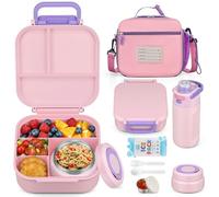 Itslife Kids Lunch Box Set | 4 Compartments Leakproof Bento Container for School, 7 oz Soup Thermos, 12 oz Water Bottle, Insulated Ice Bag with Fork & Spoon (Pink)