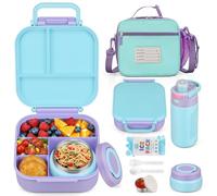 Itslife Kids Lunch Box Set | 4 Compartments Leakproof Bento Container for School, 7 oz Soup Thermos, 12 oz Water Bottle, Insulated Ice Bag with Fork & Spoon (Purple)