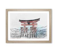 Itsukushima Shrine in Hiroshima Japan Sketch Framed Print | A2 Oak Framed Wall Art | Ready to Hang | Modern Nature Picture | Living Room Bedroom Lounge Office
