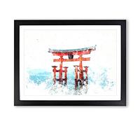 Itsukushima Shrine In Hiroshima Japan Watercolour Modern Framed Wall Art Print, Ready to Hang Picture for Living Room Bedroom Home Office Décor, Black A2 (64 x 46 cm)