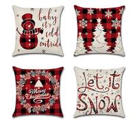 ItsyFox Christmas Cushion Covers Set of 4 Red Buffalo Plaid Christmas Decoration Throw Pillow Covers 45 x 45cm Xmas Square Pillowcase Linen Throw Pillow Case Holiday Decor Cushion Case for Home Couch