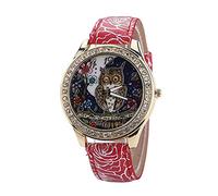 ITVIP Women's Watch Belt Watch Owl Dial Moon Illuminated Fashion Quartz Watch with Diamond Bezel 240 red