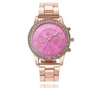 ITVIP Women's Watch, Fashion Stainless Steel Geneva Classic Men's and Women's Double Face Three-Eyed Rhinestone Quartz Watch Bracelet 240mm Rosa Brillante